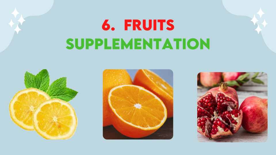 Fruits: Lemon, lime, orange, pomegranate, and watermelon