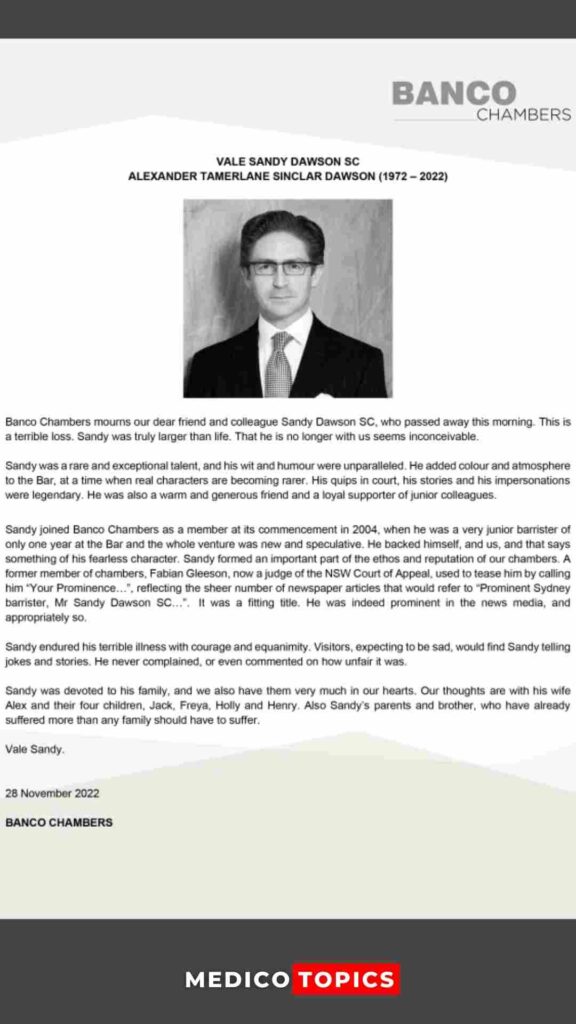 Statement from Banco Chambers on the death of Sandy Dawson, SC.