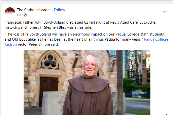 Father John Boyd-Boland dies at 82, Franciscan father's cause of death and obituary