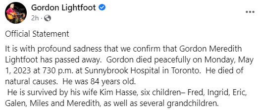 Gordon Lightfoot cause of death