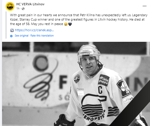 Report: Former Red Wings player Petr Klima Dead at 58