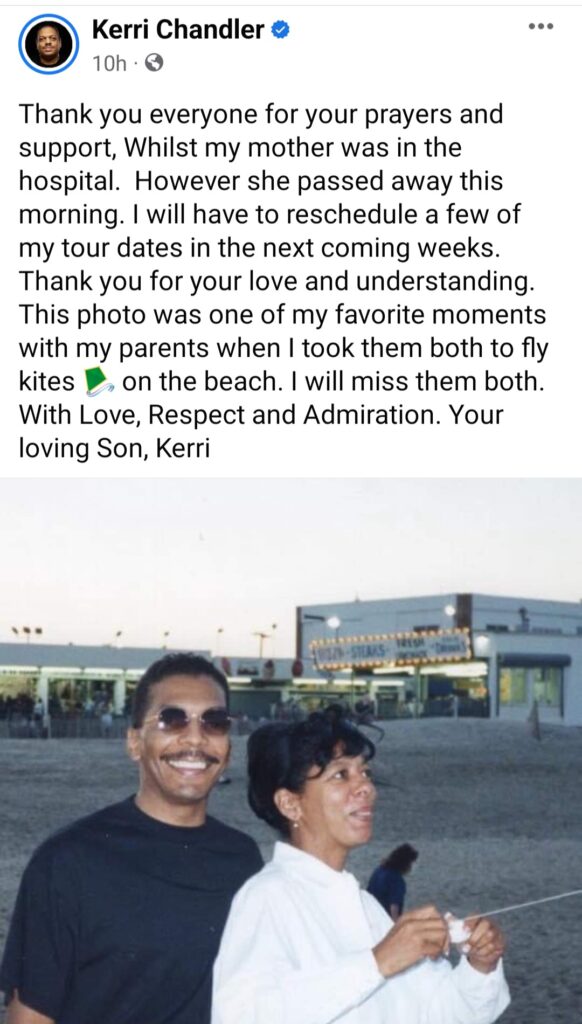 Kerri Chandler mourns the passing of his mother and reschedules tour dates
